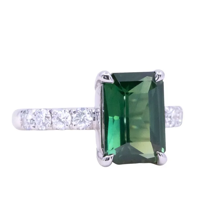 Rings 426ct Madagascar Radiant Cut Green Sapphire Solitaire Ring with French Set Diamonds in 18k White Gold Anueva Jewelry