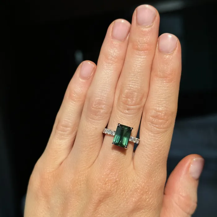 Rings 426ct Madagascar Radiant Cut Green Sapphire Solitaire Ring with French Set Diamonds in 18k White Gold Anueva Jewelry