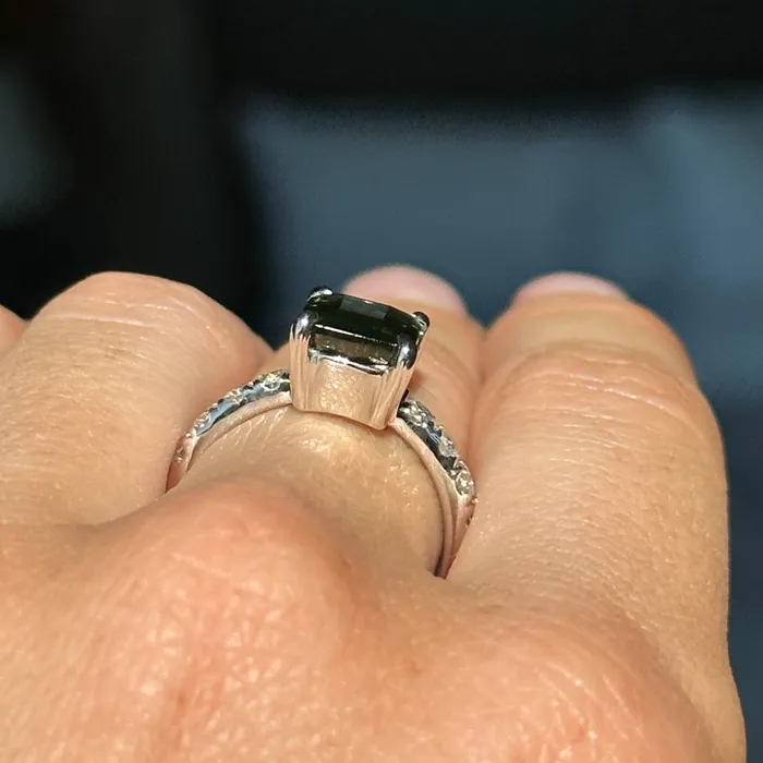 Rings 426ct Madagascar Radiant Cut Green Sapphire Solitaire Ring with French Set Diamonds in 18k White Gold Anueva Jewelry