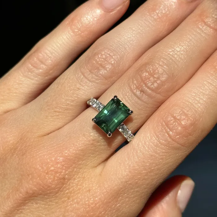 Rings 426ct Madagascar Radiant Cut Green Sapphire Solitaire Ring with French Set Diamonds in 18k White Gold Anueva Jewelry