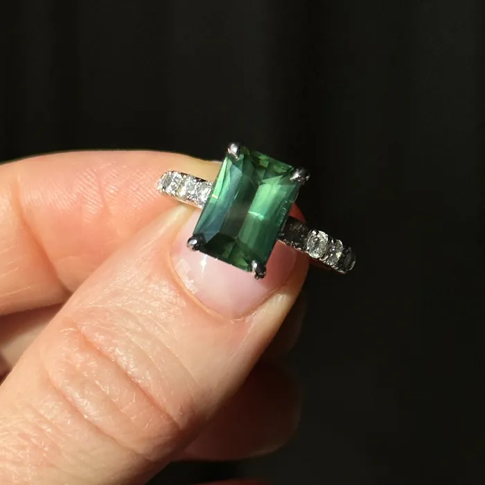 Rings 426ct Madagascar Radiant Cut Green Sapphire Solitaire Ring with French Set Diamonds in 18k White Gold Anueva Jewelry
