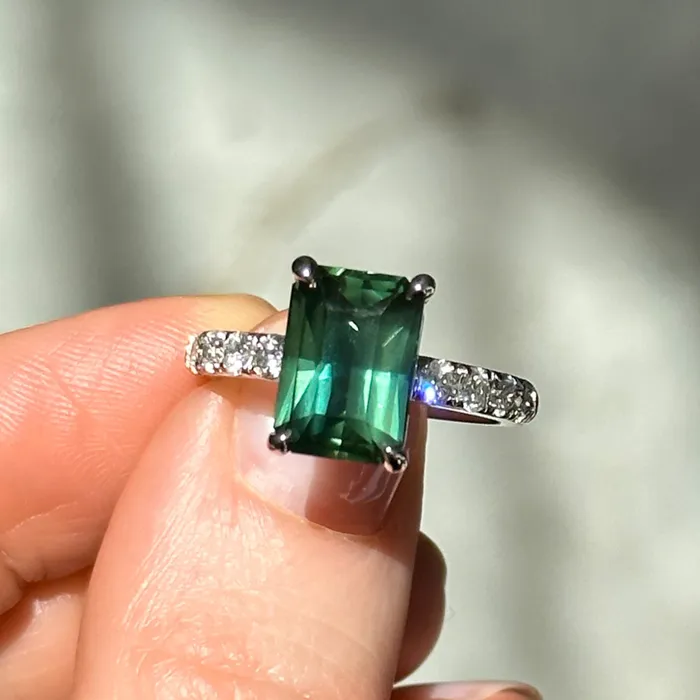 Rings 426ct Madagascar Radiant Cut Green Sapphire Solitaire Ring with French Set Diamonds in 18k White Gold Anueva Jewelry