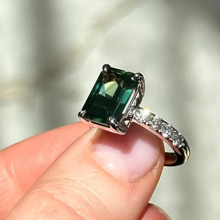 Rings 426ct Madagascar Radiant Cut Green Sapphire Solitaire Ring with French Set Diamonds in 18k White Gold Anueva Jewelry