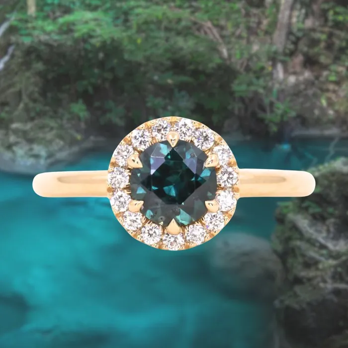 Rings Anueva Jewelry 104ct Round Sapphire Low Profile Diamond Halo Ring In 18K Yellow Gold Rings Anueva Jewelry 104ct Round Sapphire Low Profile Diamond Halo Ring In 18K Yellow Gold