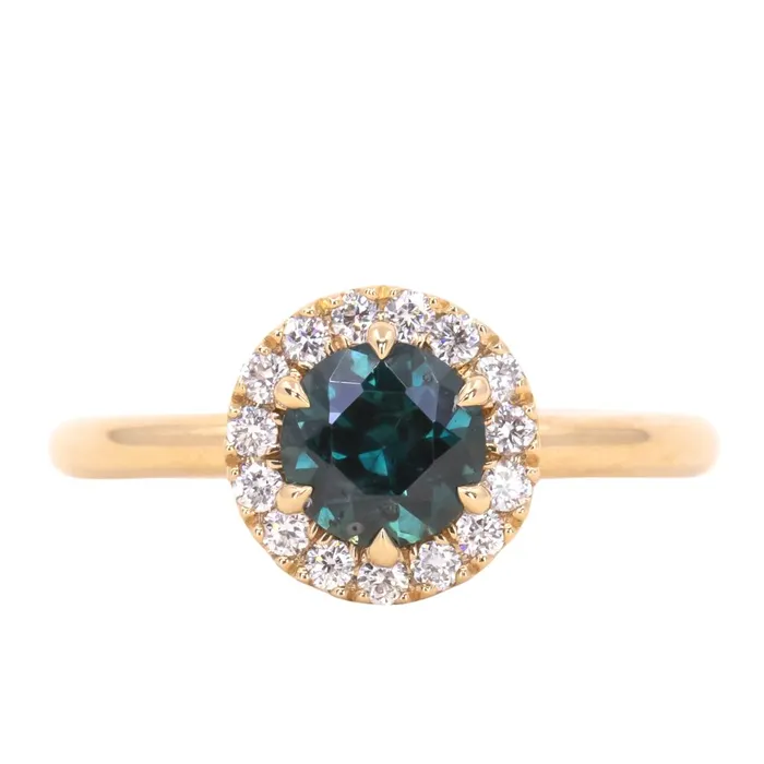 Rings Anueva Jewelry 104ct Round Sapphire Low Profile Diamond Halo Ring In 18K Yellow Gold