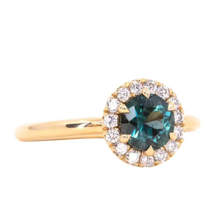 Rings Anueva Jewelry 104ct Round Sapphire Low Profile Diamond Halo Ring In 18K Yellow Gold