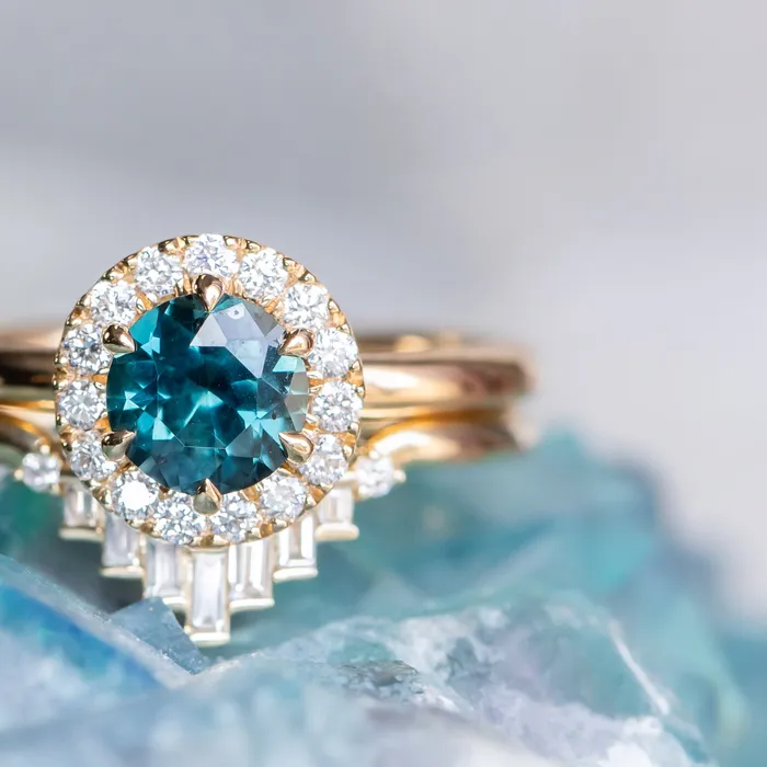 Rings Anueva Jewelry 104ct Round Sapphire Low Profile Diamond Halo Ring In 18K Yellow Gold
