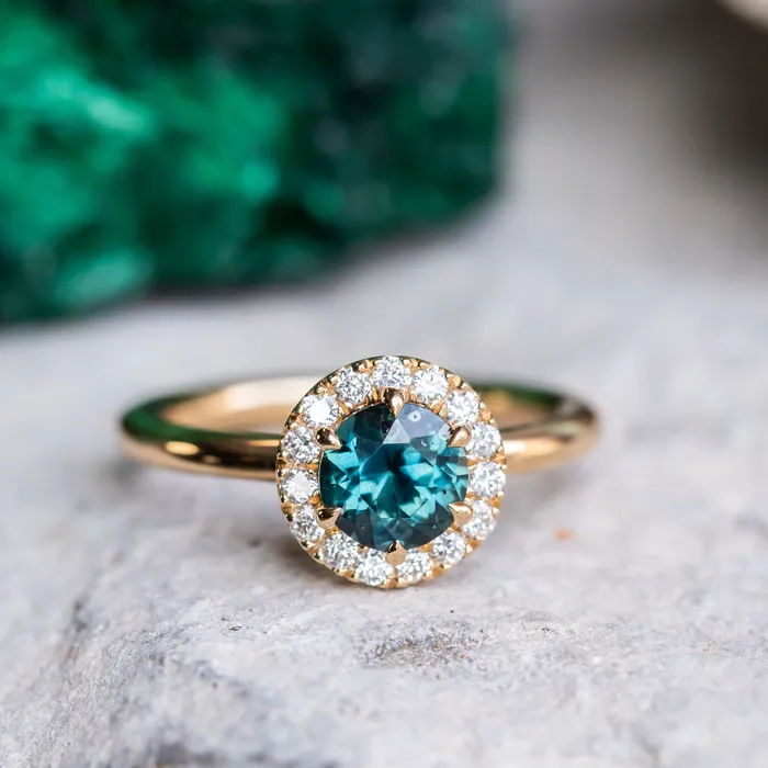 Rings Anueva Jewelry 104ct Round Sapphire Low Profile Diamond Halo Ring In 18K Yellow Gold