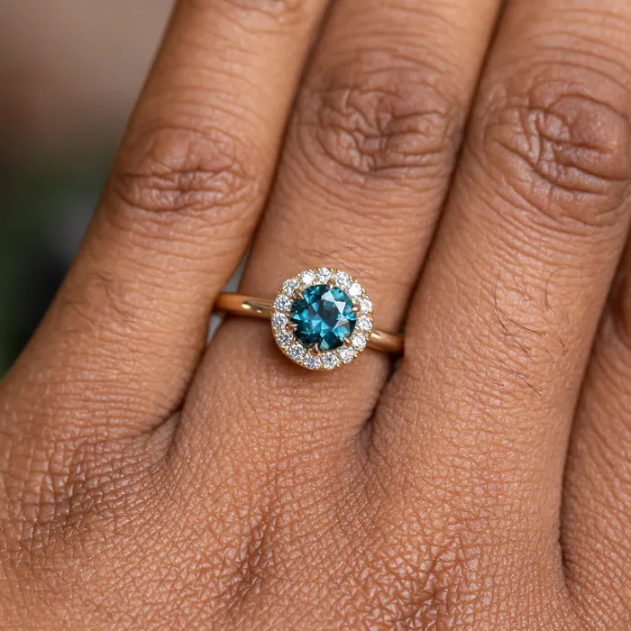 Rings Anueva Jewelry 104ct Round Sapphire Low Profile Diamond Halo Ring In 18K Yellow Gold