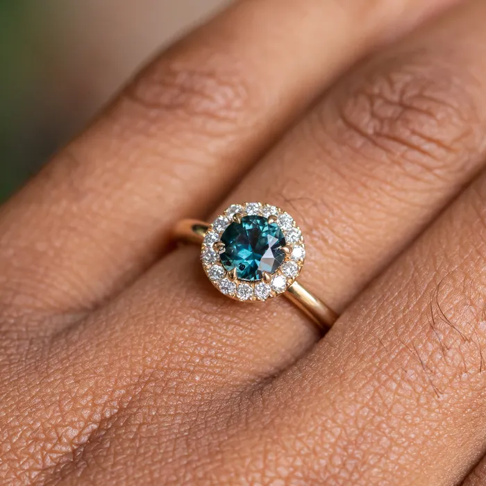 Rings Anueva Jewelry 104ct Round Sapphire Low Profile Diamond Halo Ring In 18K Yellow Gold