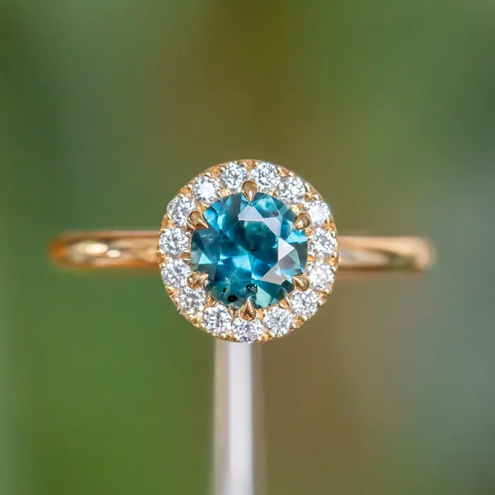 Rings Anueva Jewelry 104ct Round Sapphire Low Profile Diamond Halo Ring In 18K Yellow Gold
