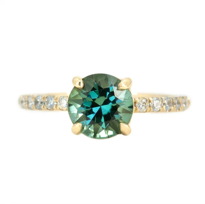 Rings Anueva Jewelry 147ct Teal Green Tourmaline Solitaire Ring with Diamonds in 14k Yellow Gold Rings Anueva Jewelry 147ct Teal Green Tourmaline Solitaire Ring with Diamonds in 14k Yellow Gold