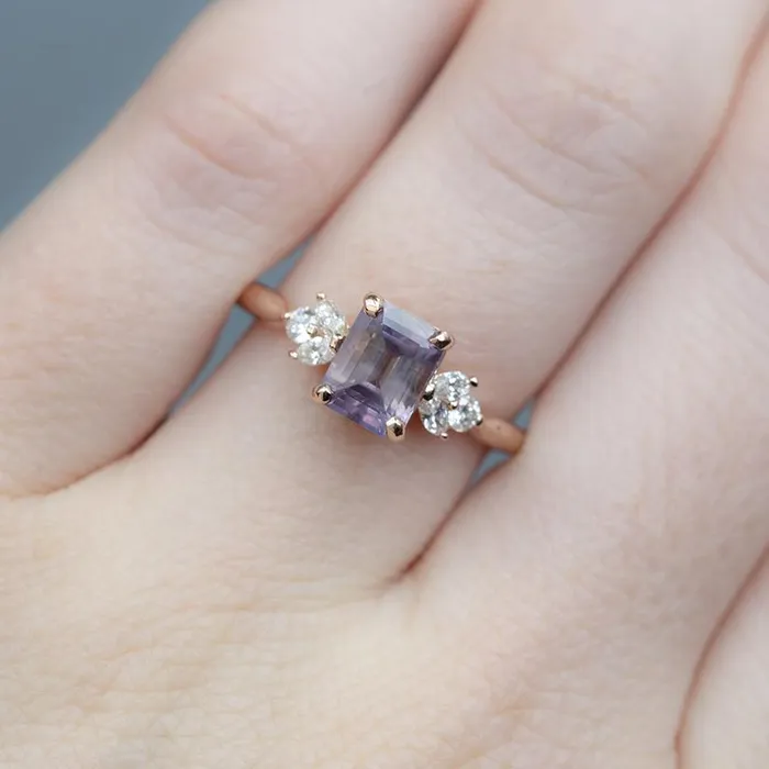 Rings Anueva Jewelry 168ct Pink Emerald Cut Sapphire With Cluster Diamond Side Ring In 14k Rose Gold