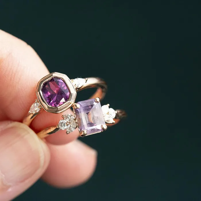 Rings Anueva Jewelry 168ct Pink Emerald Cut Sapphire With Cluster Diamond Side Ring In 14k Rose Gold
