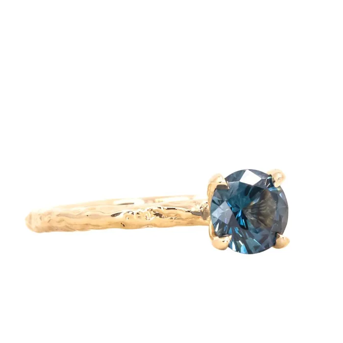 Rings Color Source Gems 093ct Round Montana Sapphire Evergreen Carved Solitaire Ring in 14k Yellow Gold