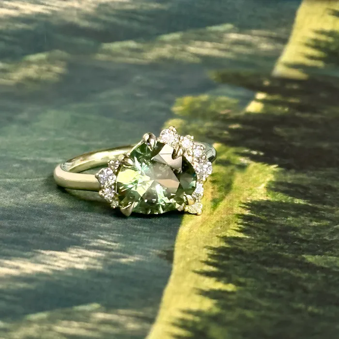 Rings Dudley Blauwet Gems 328ct Pear Untreated Montana Sapphire and Diamond Asymmetrical Cluster Ring in 14k Green Gold