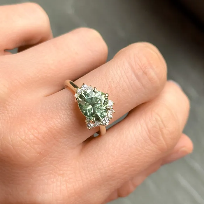 Rings Dudley Blauwet Gems 328ct Pear Untreated Montana Sapphire and Diamond Asymmetrical Cluster Ring in 14k Green Gold
