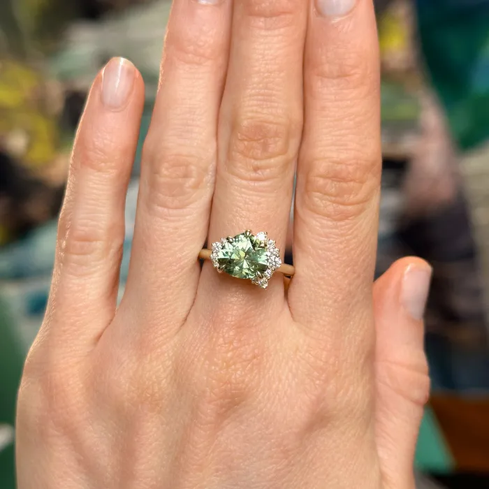 Rings Dudley Blauwet Gems 328ct Pear Untreated Montana Sapphire and Diamond Asymmetrical Cluster Ring in 14k Green Gold
