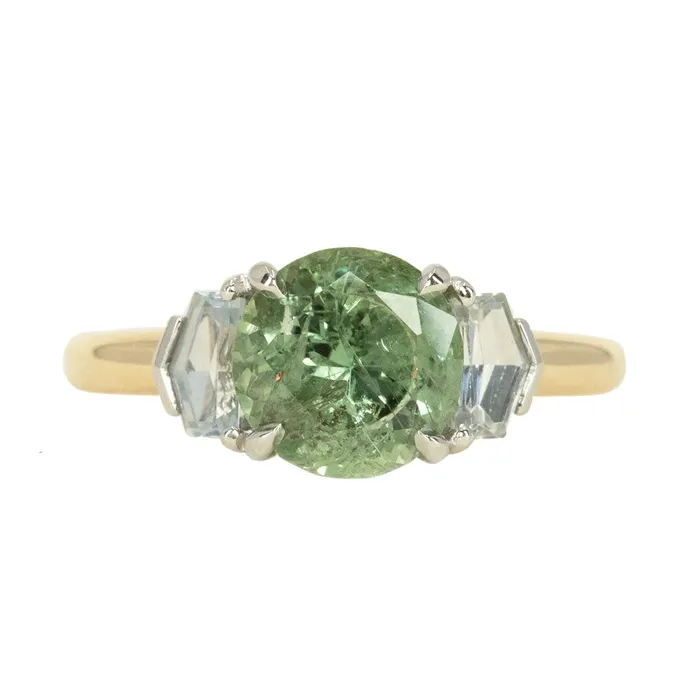 Rings PAUL COCA 226ct Montana Sapphire and Trapezoid White Sapphire Low Profile Three Stone Ring in 14k Yellow Gold Rings PAUL COCA 226ct Montana Sapphire and Trapezoid White Sapphire Low Profile Three Stone Ring in 14k Yellow Gold