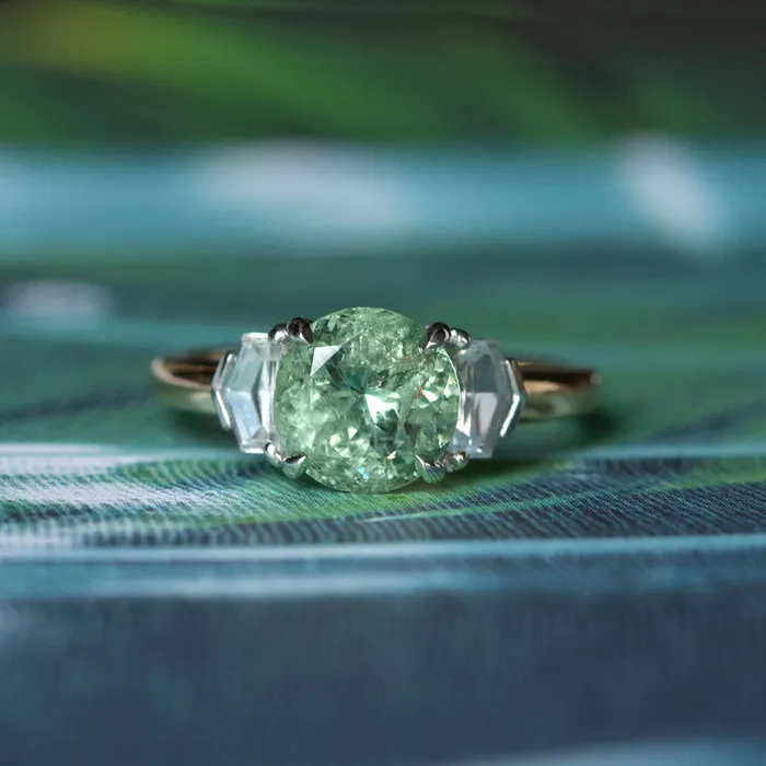 Rings PAUL COCA 226ct Montana Sapphire and Trapezoid White Sapphire Low Profile Three Stone Ring in 14k Yellow Gold