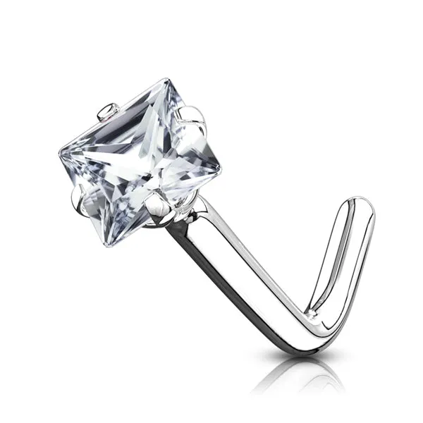 Square CZ White 14k Gold LBend Nose Stud Tulsa Body Jewelry Earrings