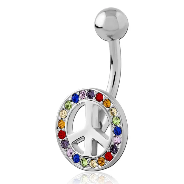Tulsa Body Jewelry Rainbow CZ Peace Sign Stainless Belly Ring Rings